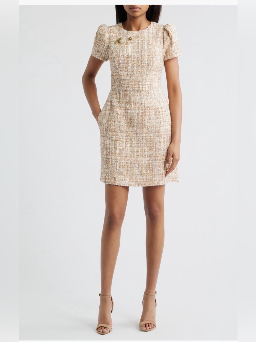 Vince Camuto Pin Detail Bouclé Tweed Short Sleeve Dress